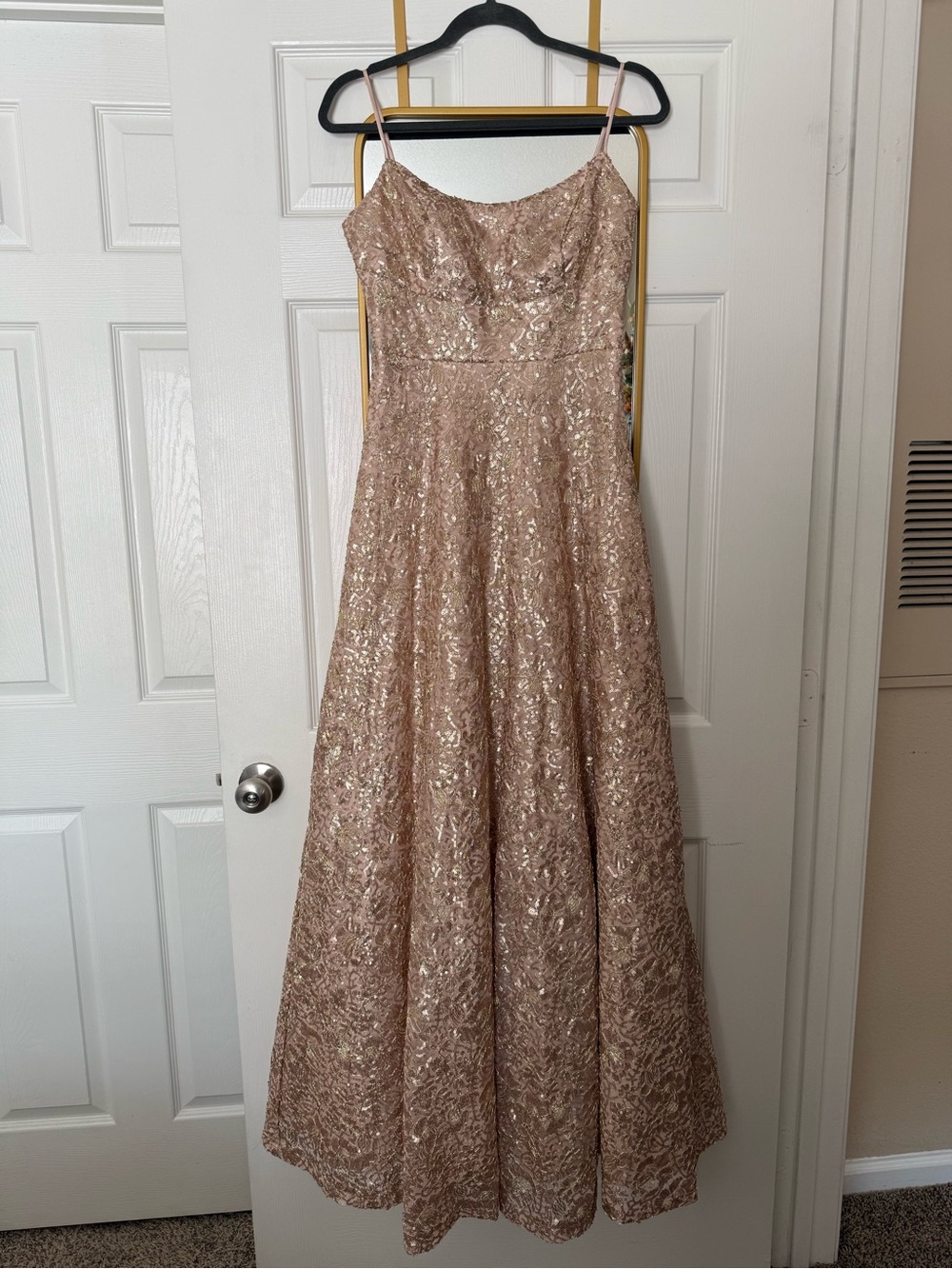 Sequin Evening Gown in Blush with Lace Up Back